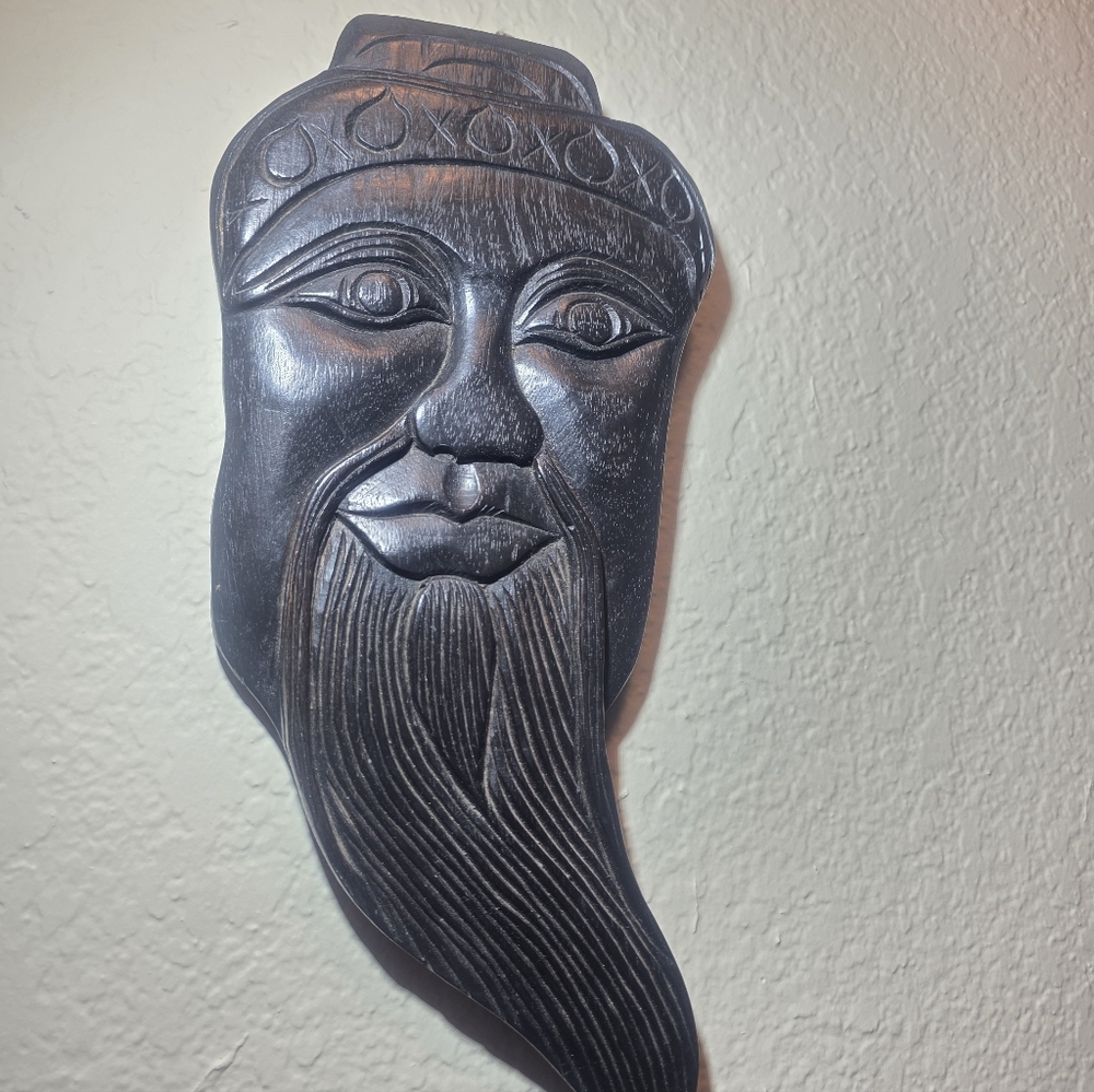 Hand-Carved Wooden Wall Mask Art Sculpture Tribal Vintage Style Home Décor - Picture 3 of 4